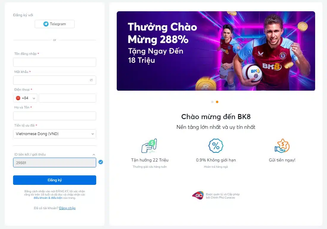 BK8 Tạo tài khoản